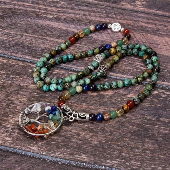 108 Mala Beads Bracelet - 7 Chakra Tree of Life Real Healing Gemstone Neclace - Picture 2 of 4